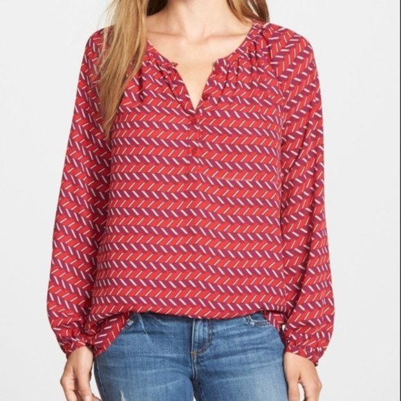 Halogen Print Shirred Split Neck Blouse women's size XS (43) - Picture 1 of 6